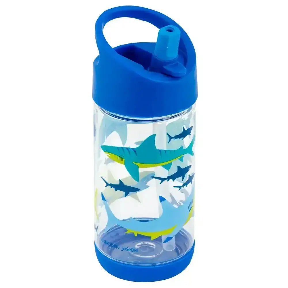 Children's water bottle with shark design and blue lid on a white background