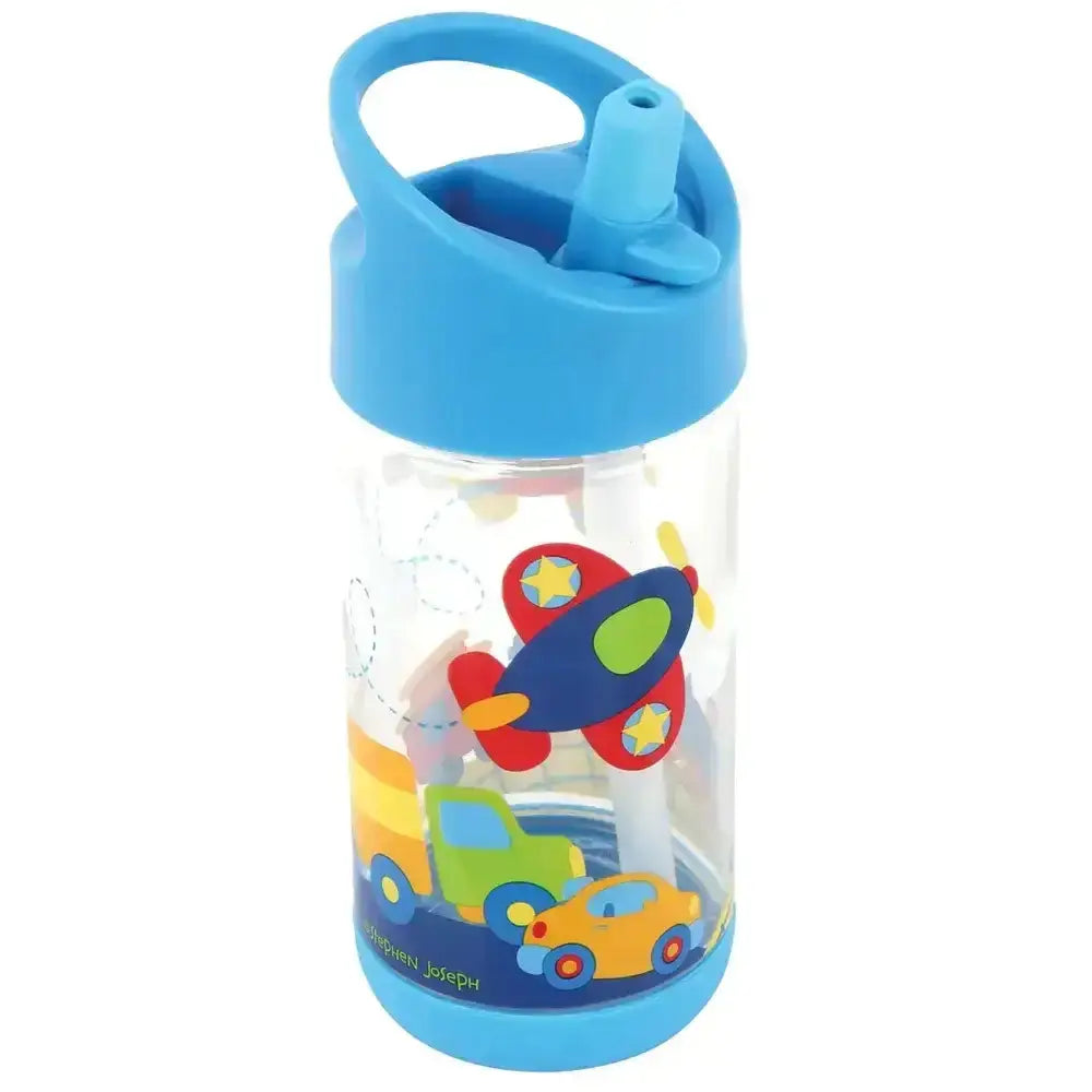 Children's water bottle with airplane and car design on a white background