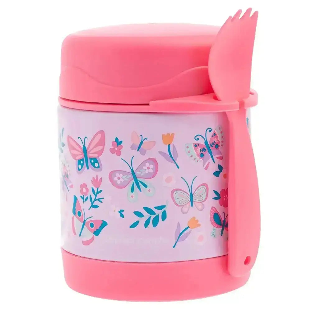 Children's food jar with pink lid and fork, featuring butterfly design on a white background