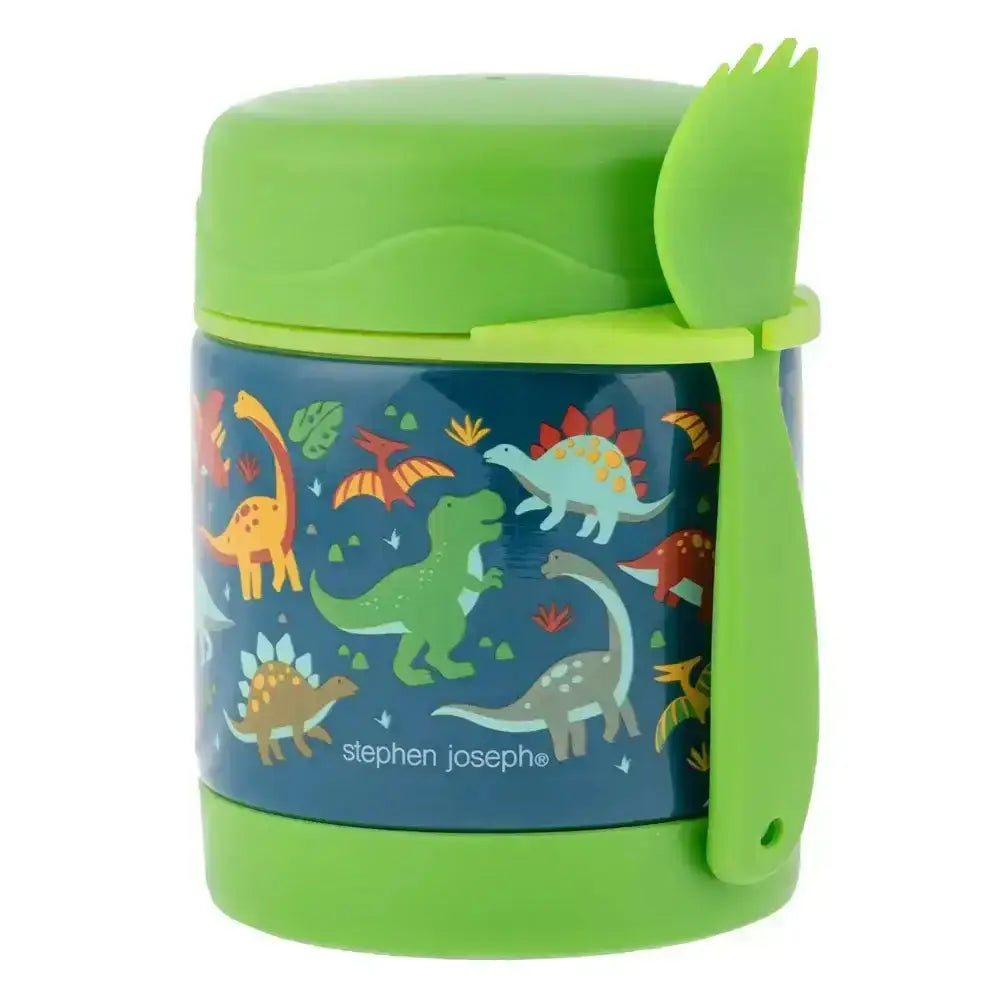 Children's food container with dinosaur design and green lid and spoon on a white background