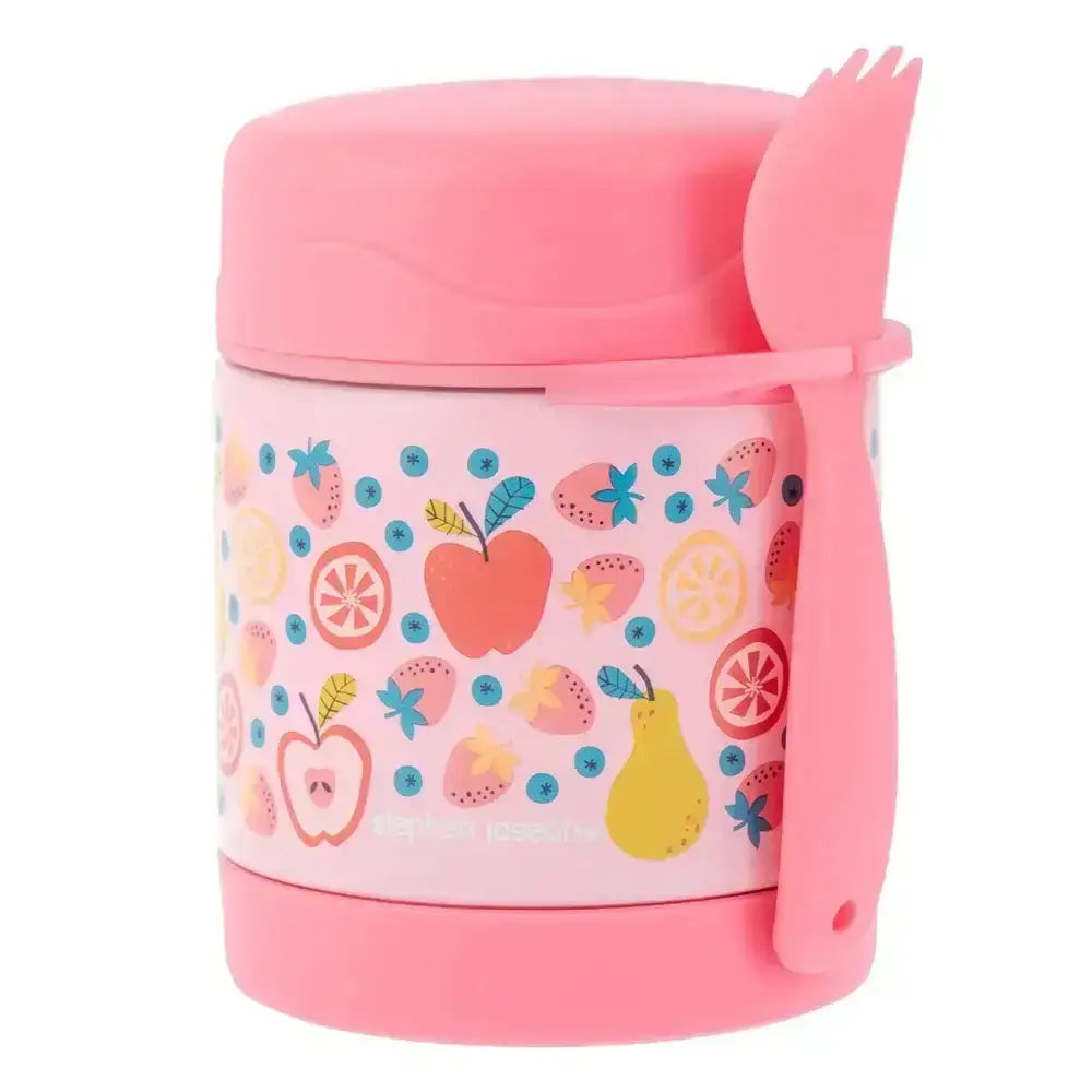 Pink insulated food jar with colorful fruit pattern and matching spork attached