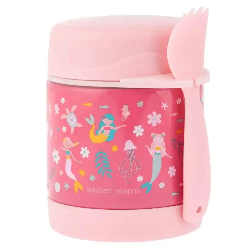 Pink thermos with mermaid design and spoon on a white background