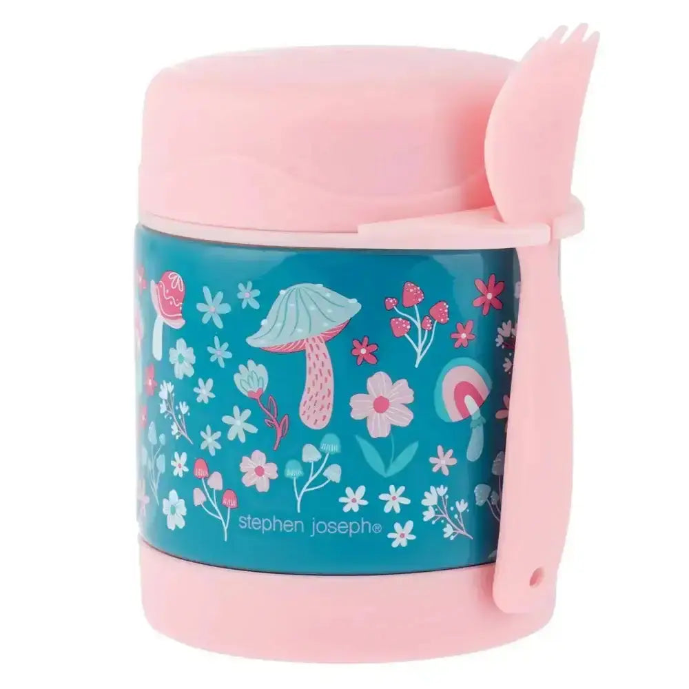 Pink and blue thermos with floral design and fork, featuring Stephen Joseph branding.