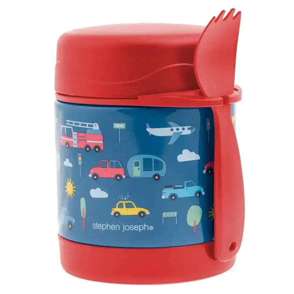 Children's food jar with red lid and handle, featuring vehicle illustrations on a blue background.