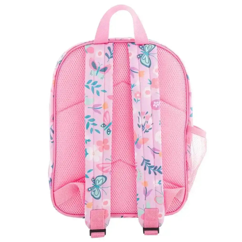 Pink backpack with floral and butterfly pattern on a white background
