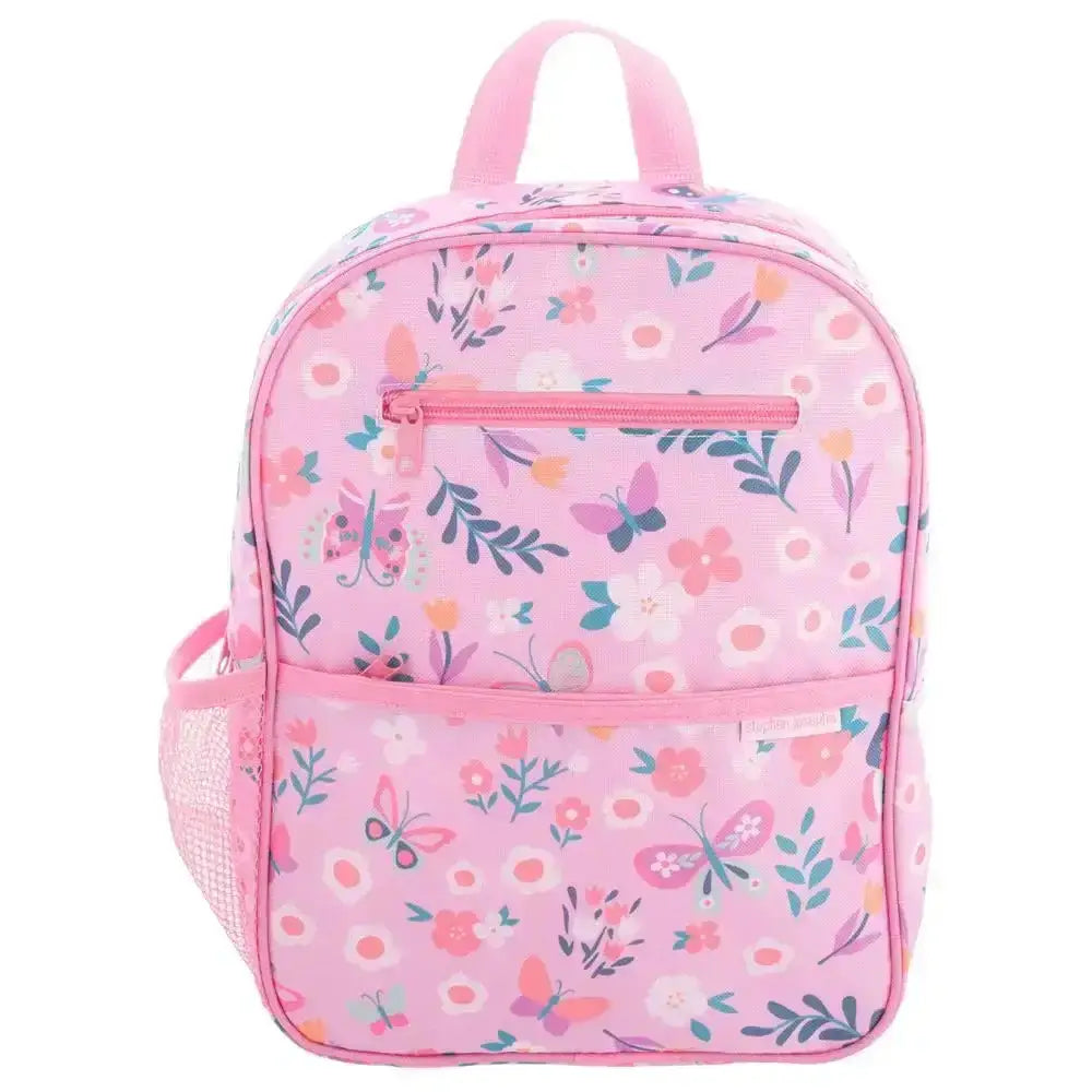 Pink backpack with floral and butterfly pattern on a white background