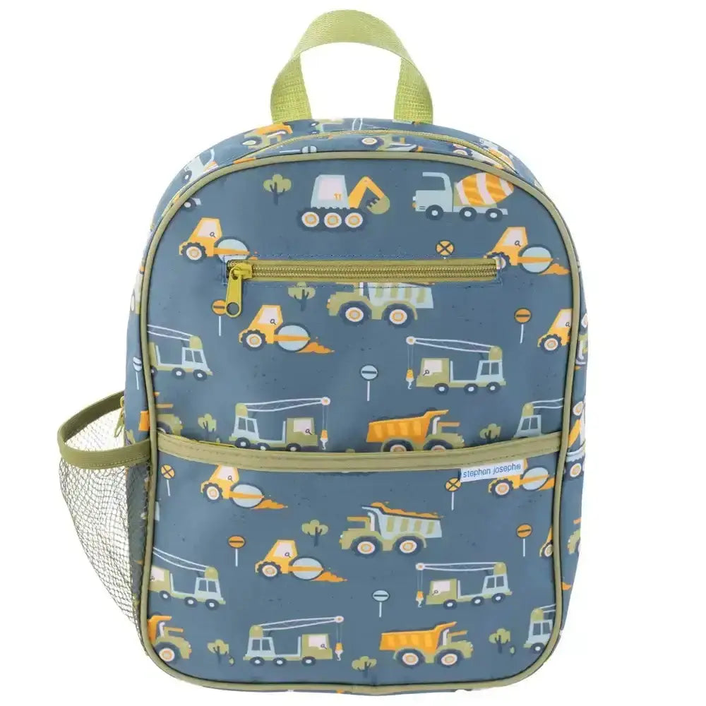 Blue preschool backpack with construction truck pattern, front pocket, and mesh side pocket