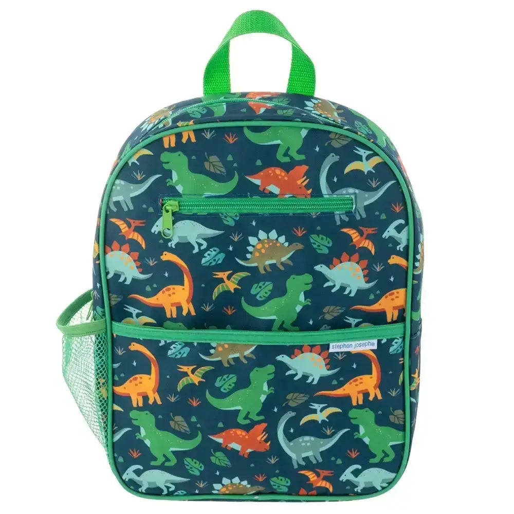 Backpack with dinosaur pattern on a white background