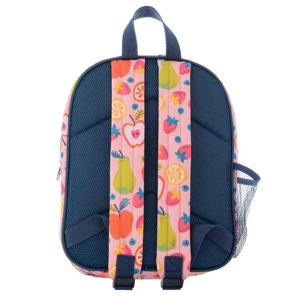 Backpack with colorful fruit pattern on straps against a white background