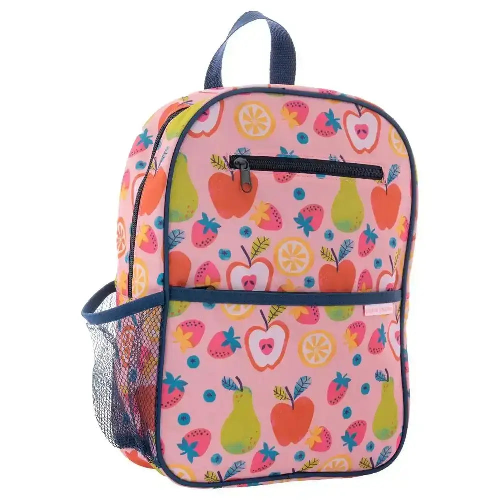 Backpack with fruit pattern on a pink background