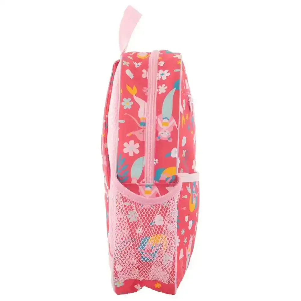 Pink pencil case with cartoon designs on a white background