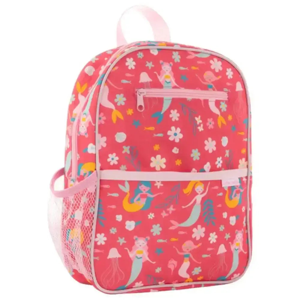 Pink backpack with mermaid and flower pattern on a white background