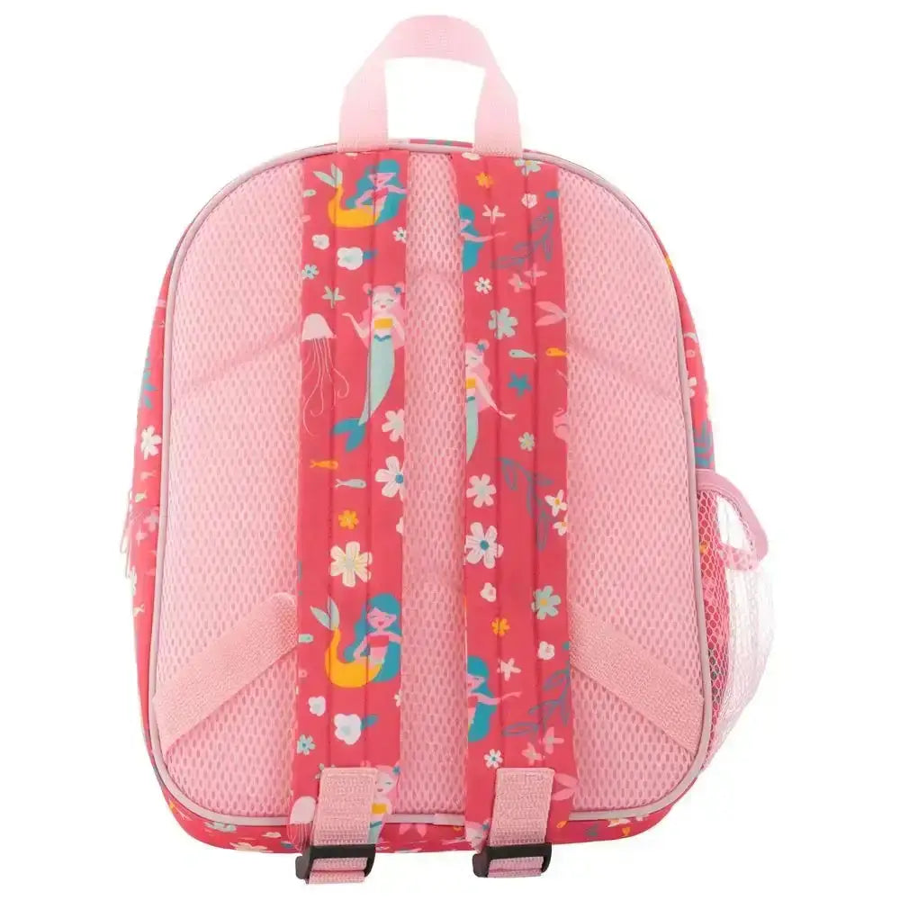 Pink children's backpack with mermaid and flower pattern on a white background