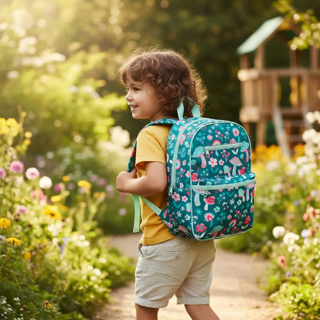 Teal and pink mushroom-themed stephen joseph junior backpack with floral patterns mesh side pocket and mint trim