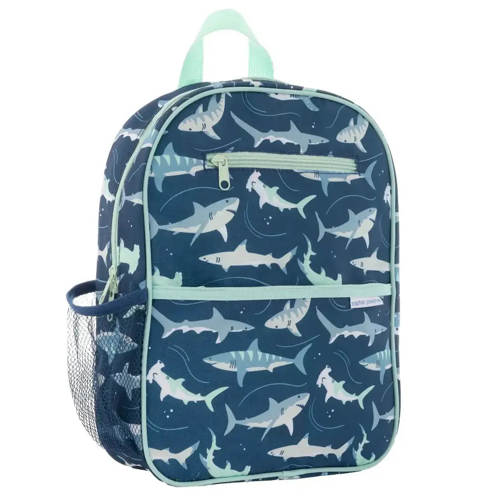 Backpack with shark pattern on a blue background