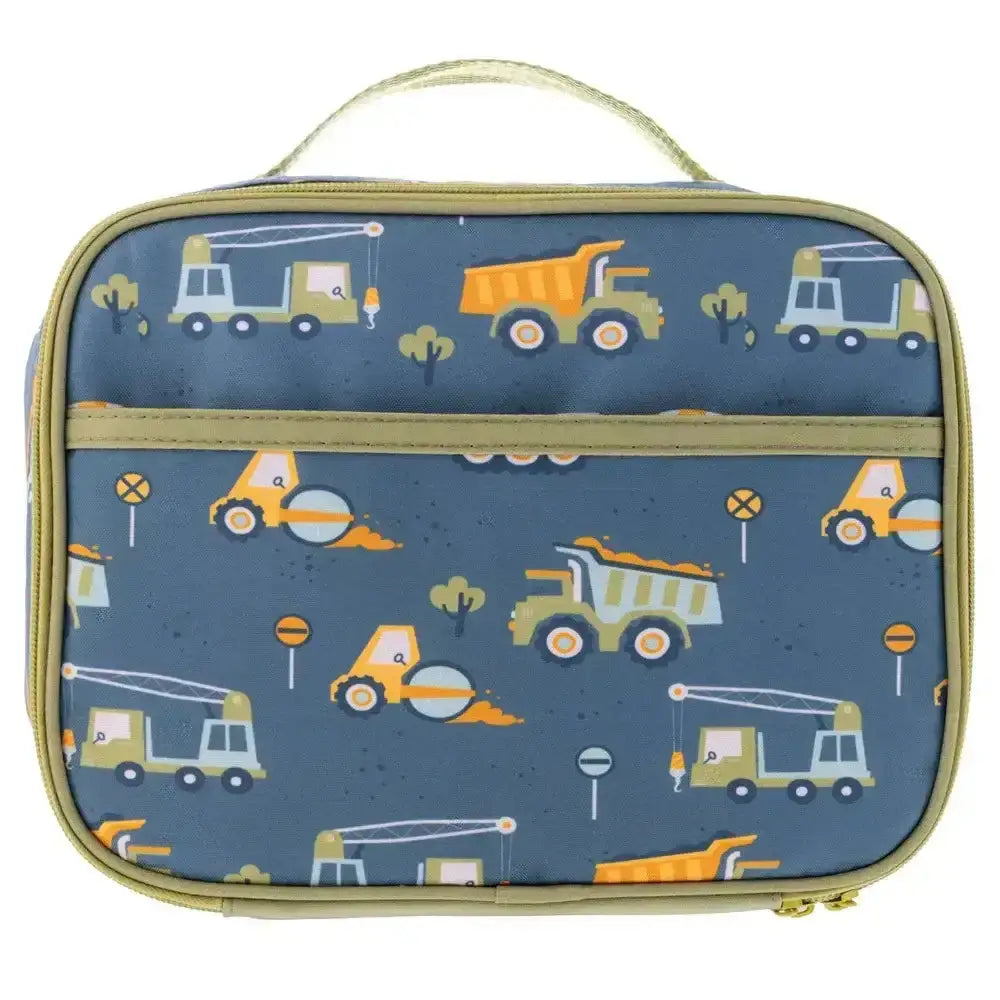 Lunch bag with construction vehicle pattern on a blue background