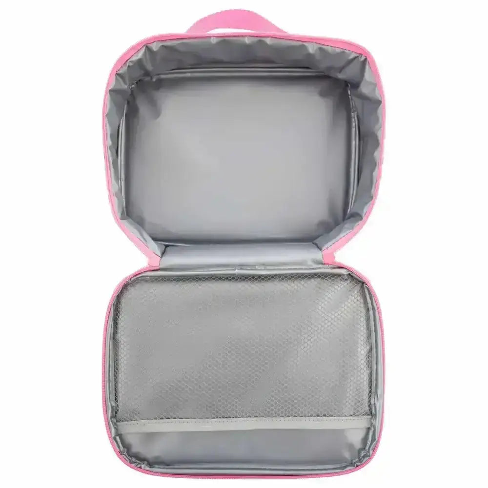 Open silver lunch bag with pink trim on a white background