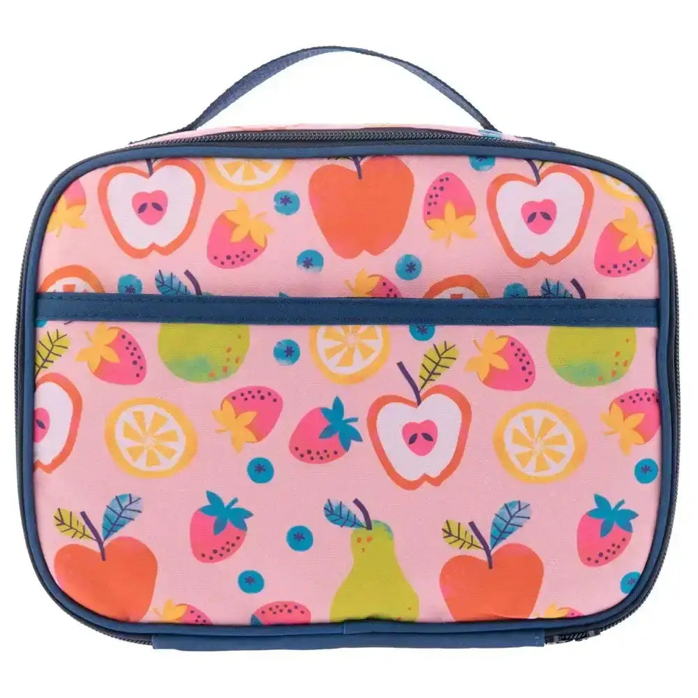 Colorful fruit patterned lunch bag on a white background