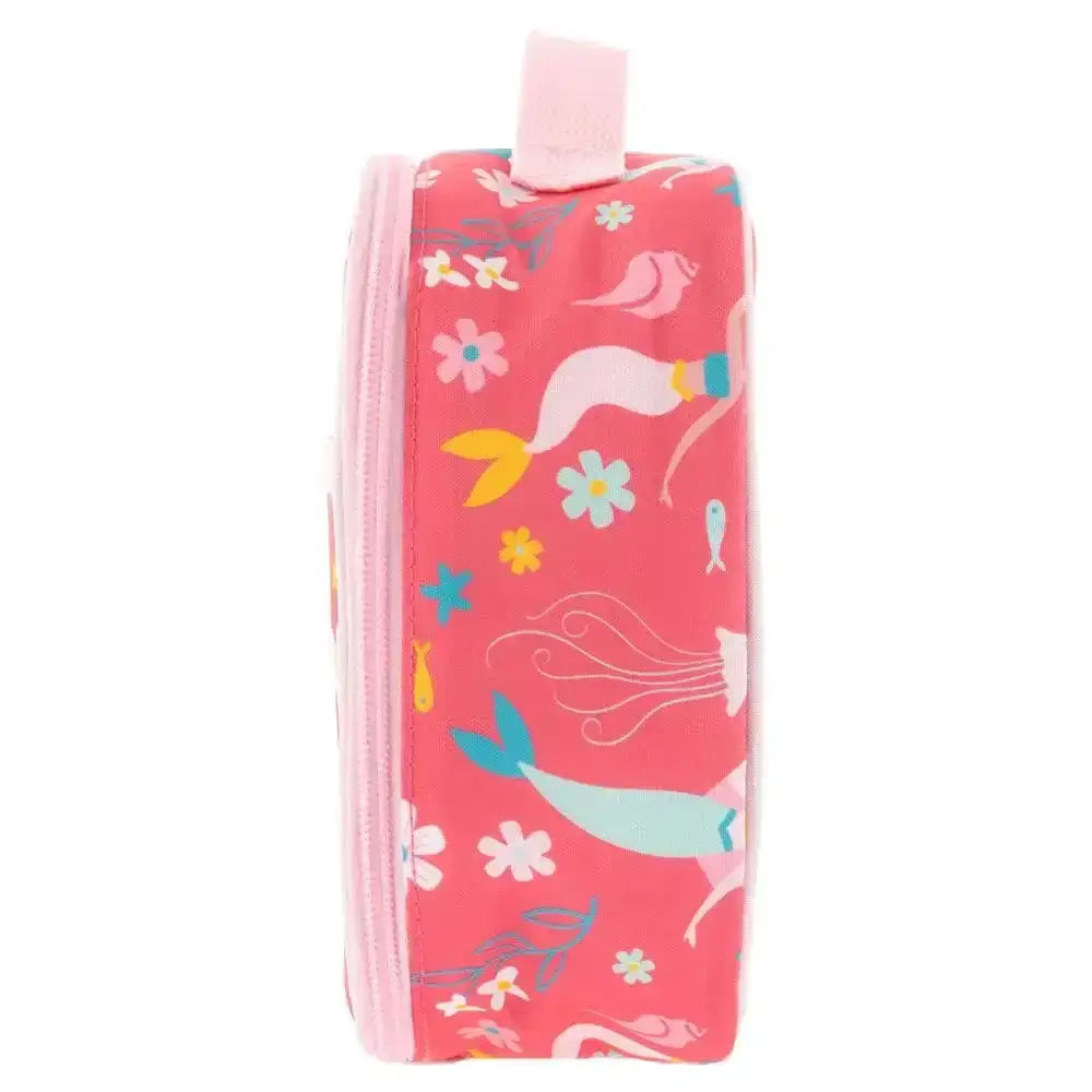 Pink pencil case with mermaid design on a white background