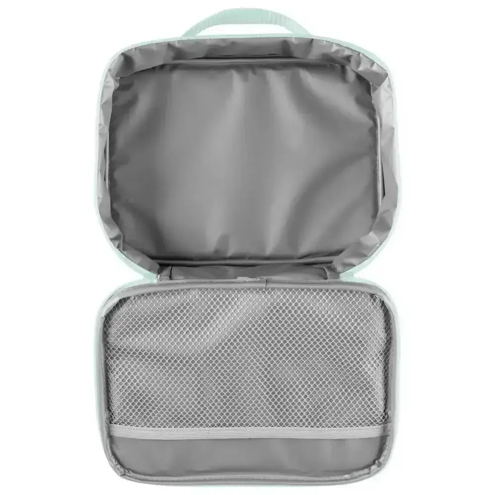 Gray travel organizer bag with a mesh pocket on a white background