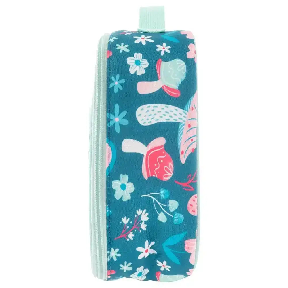 Floral-patterned pouch with a zipper on a white background