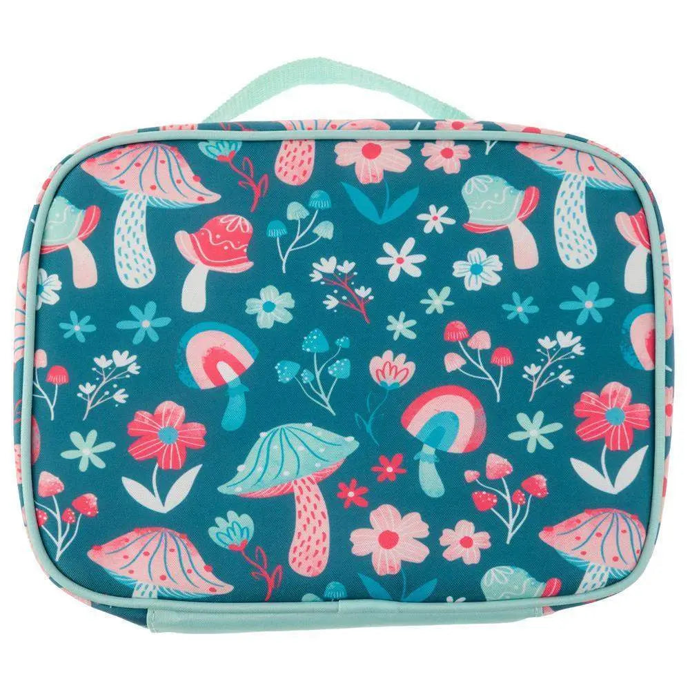 Rectangular blue pouch with mushroom and floral pattern on a white background