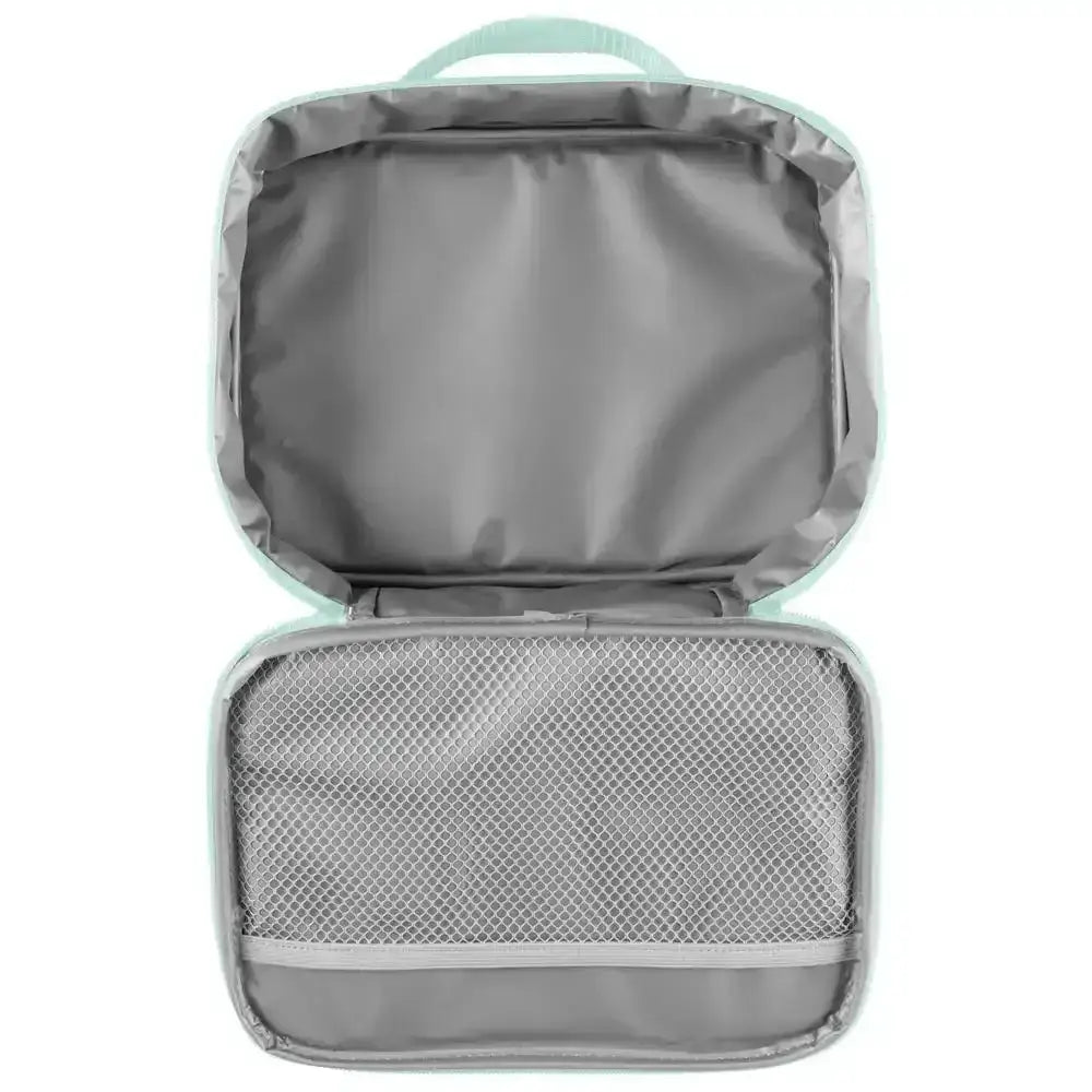 Gray travel organizer with mesh pocket on a white background