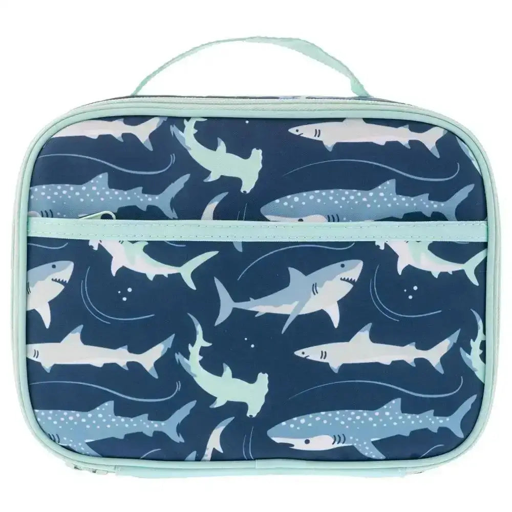 Lunch bag with shark pattern on a blue background