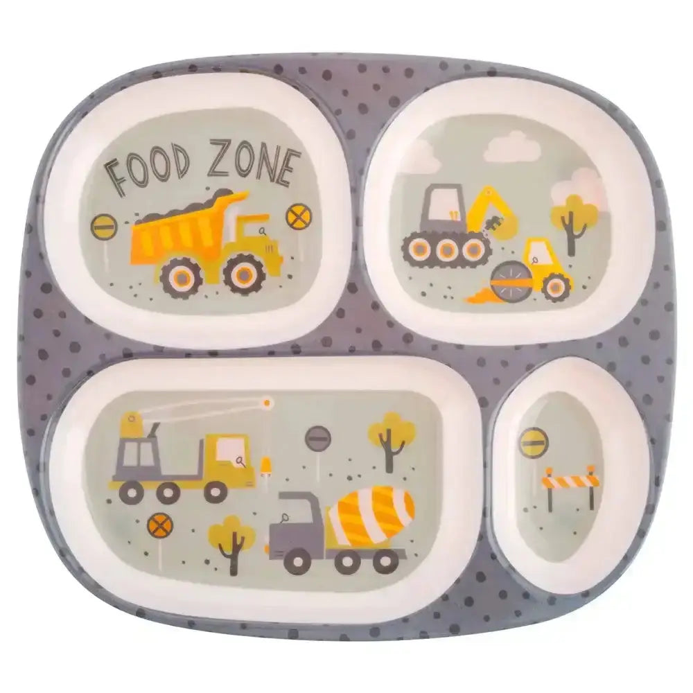 Children's divided plate with construction vehicle illustrations on a gray background