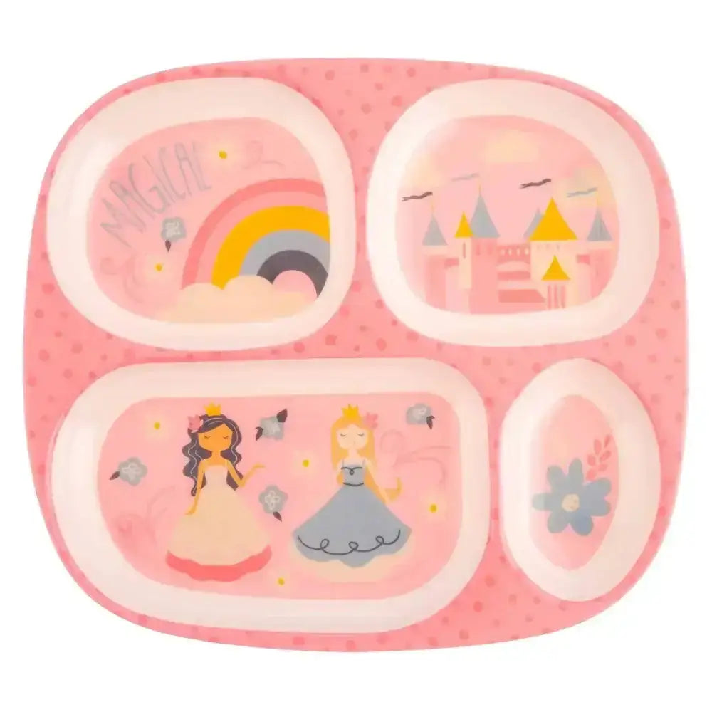 Children's pink divided plate with princess and rainbow design on a white background