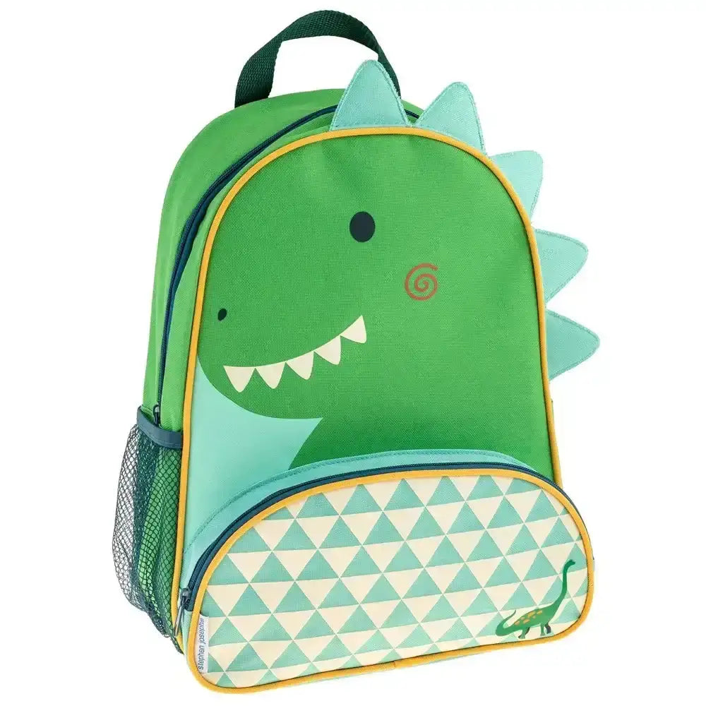 Green dinosaur-shaped backpack with a patterned bottom section on a white background