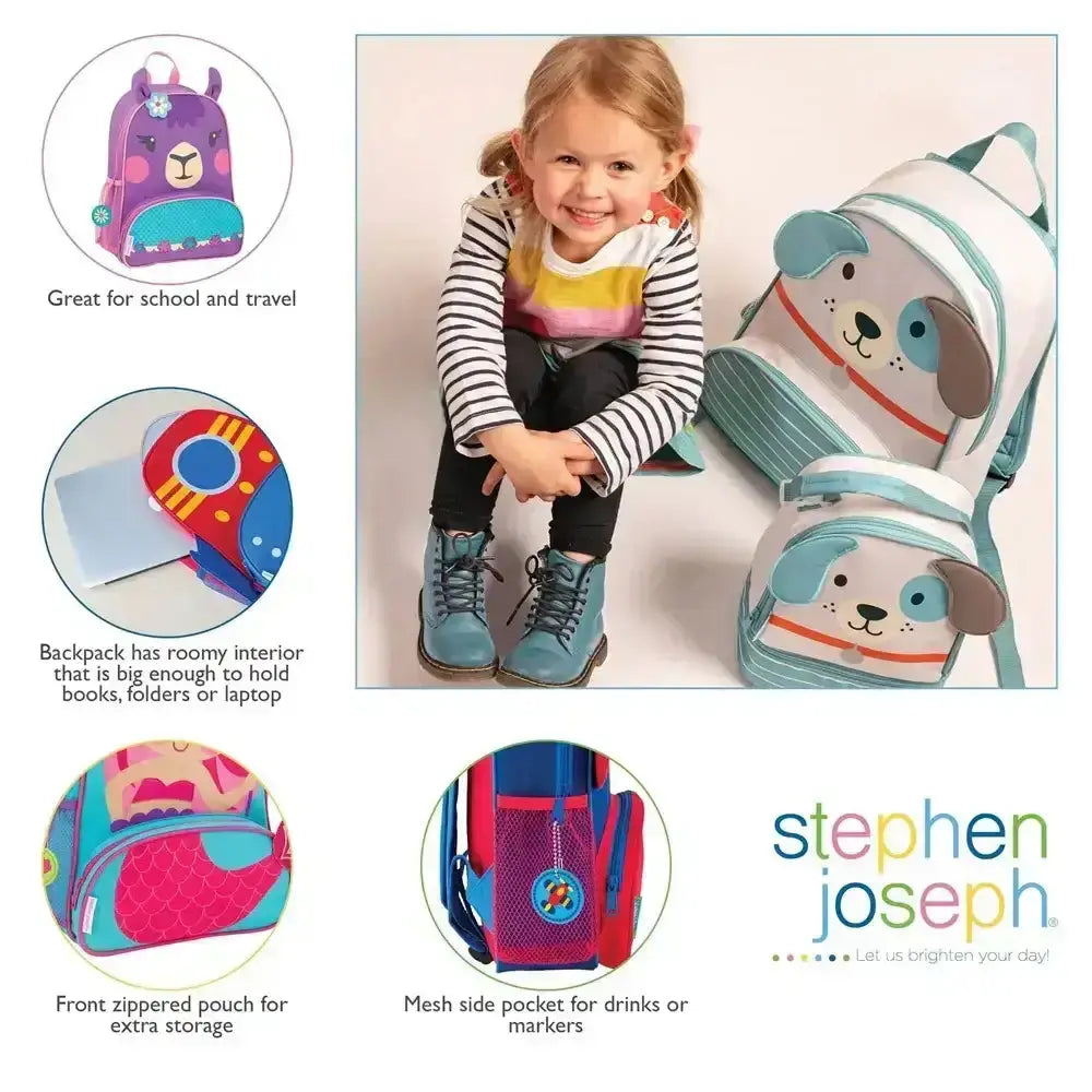 Child with a backpack and features of the backpack highlighted, with Stephen Joseph branding.