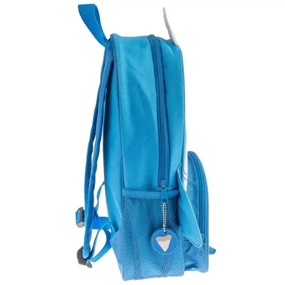 Bright blue Stephen Joseph sidekick backpack shark with playful ears and mesh pocket featuring a heart charm