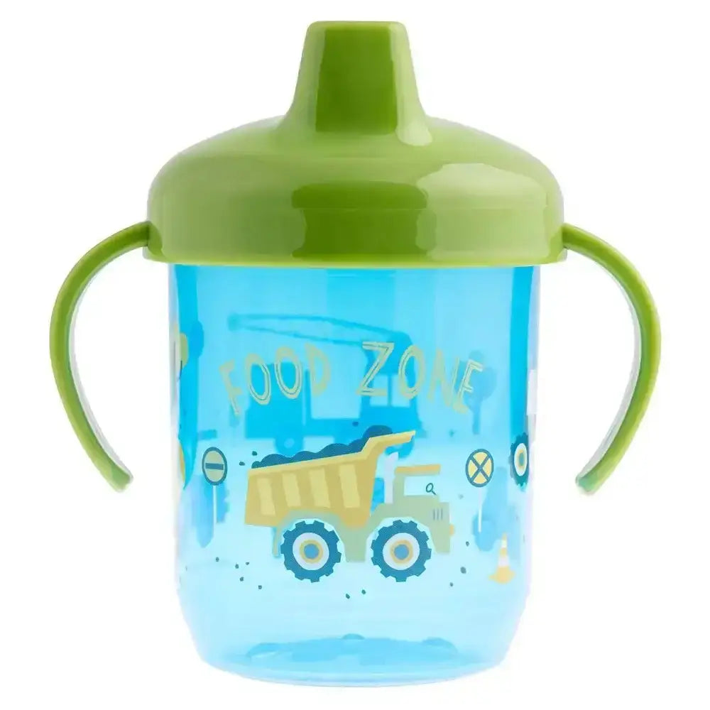 Blue sippy cup with green lid and handles, featuring a dump truck design on a white background.