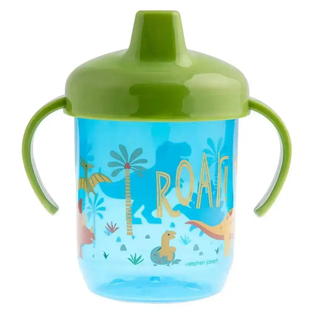 Children's sippy cup with dinosaur design and green lid and handles on a white background