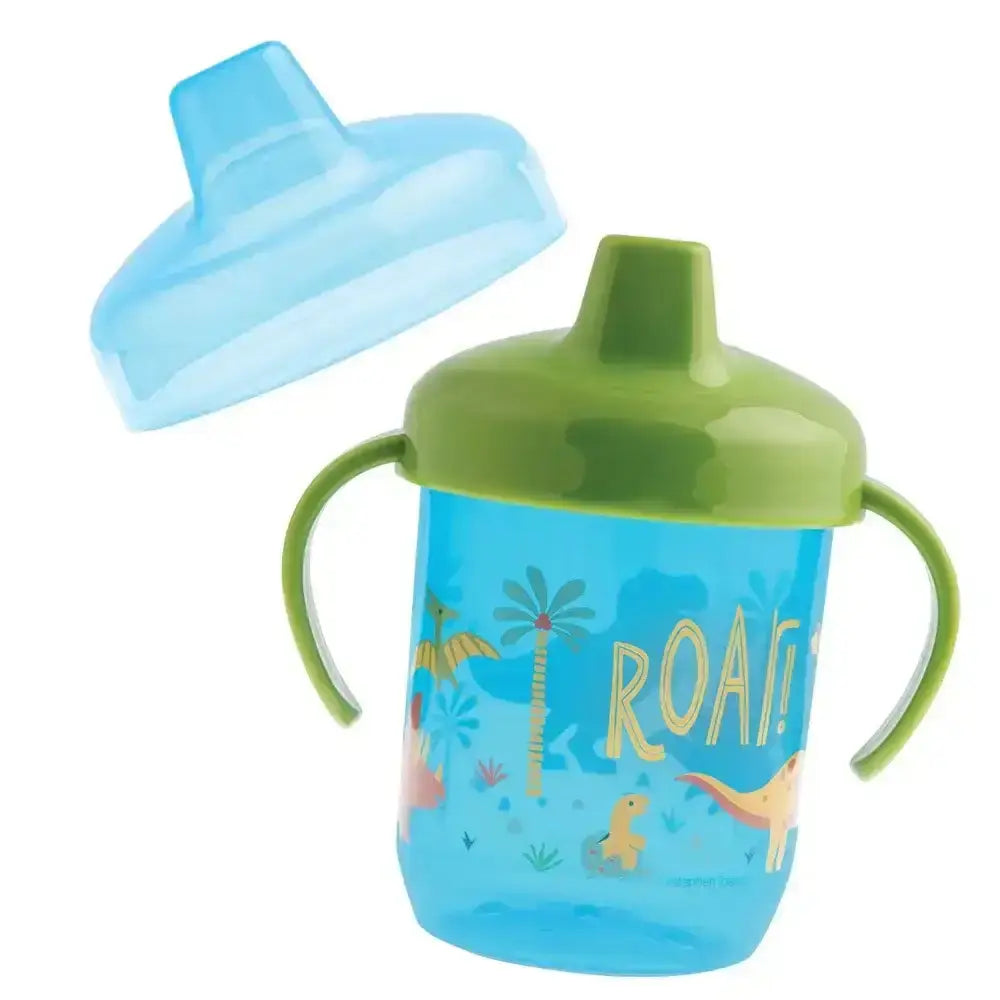 Blue sippy cup with green lid and dinosaur design on a white background