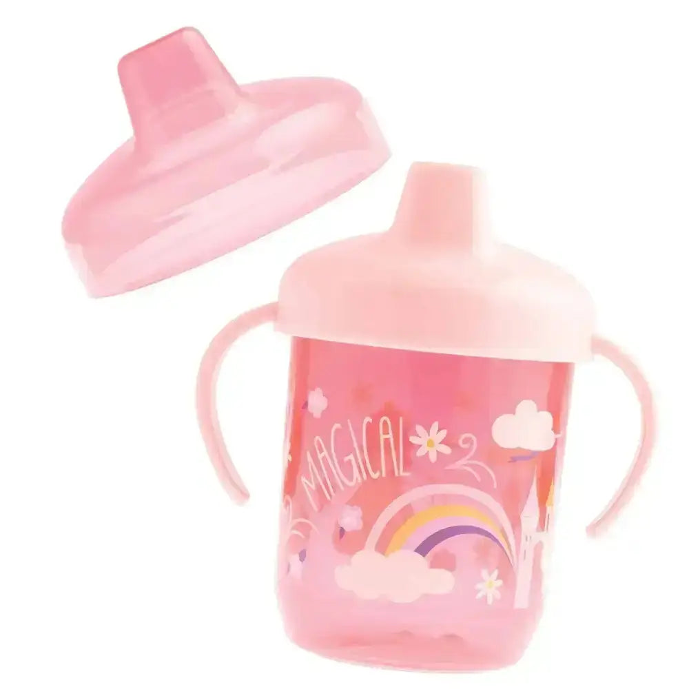 Pink sippy cup with rainbow and cloud design on a white background
