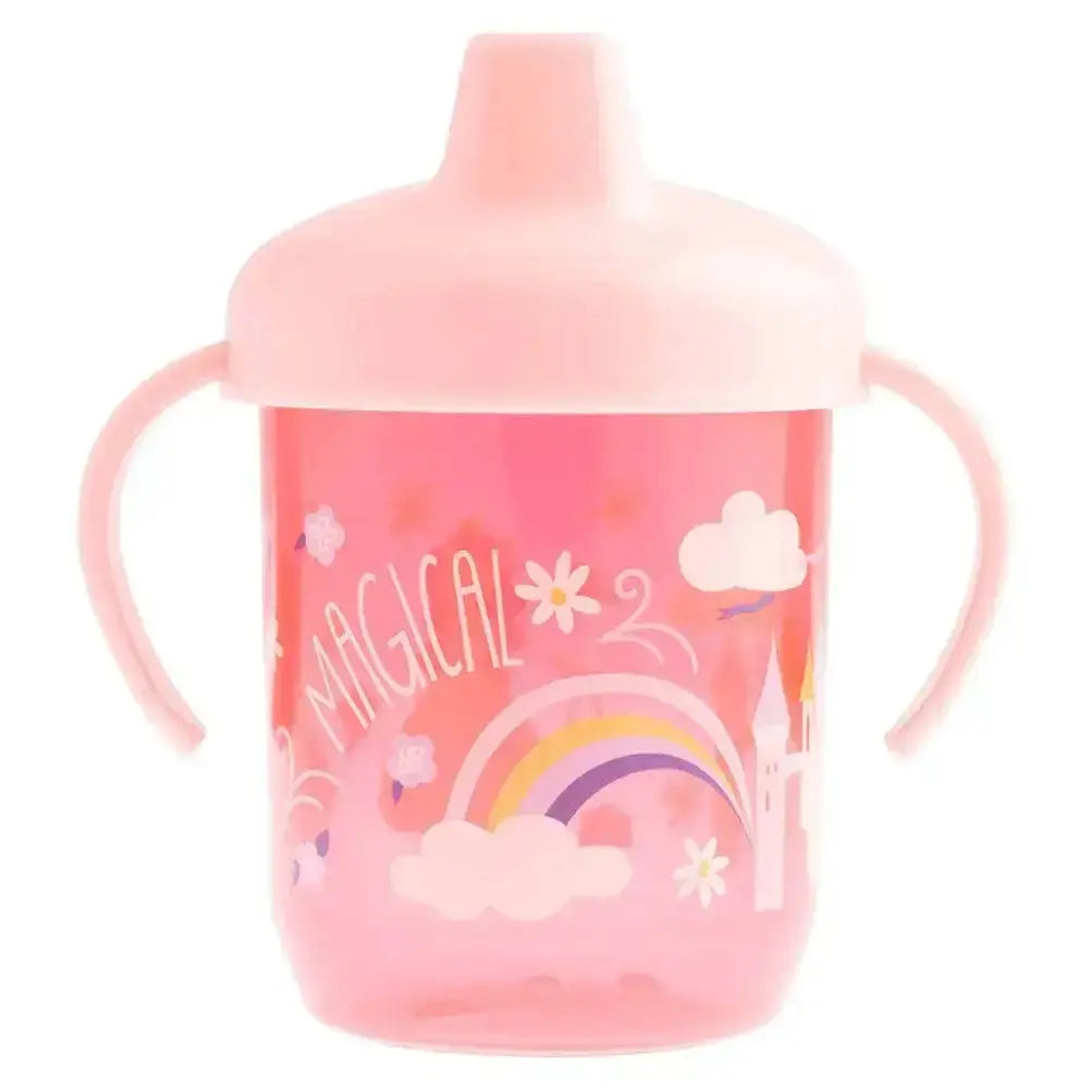 Pink sippy cup with unicorn design and 'Magical' text on a white background
