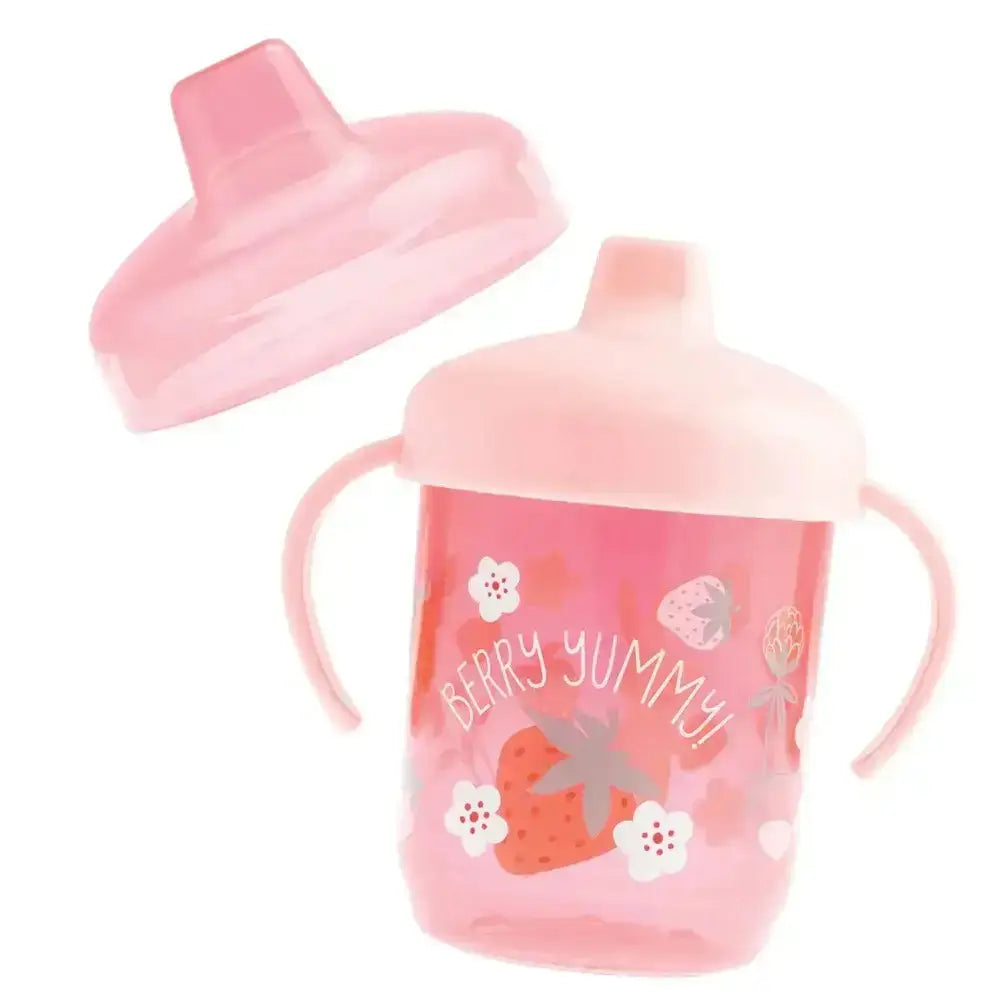 Pink sippy cup with strawberry design and 'Berry Yummy' text on a white background