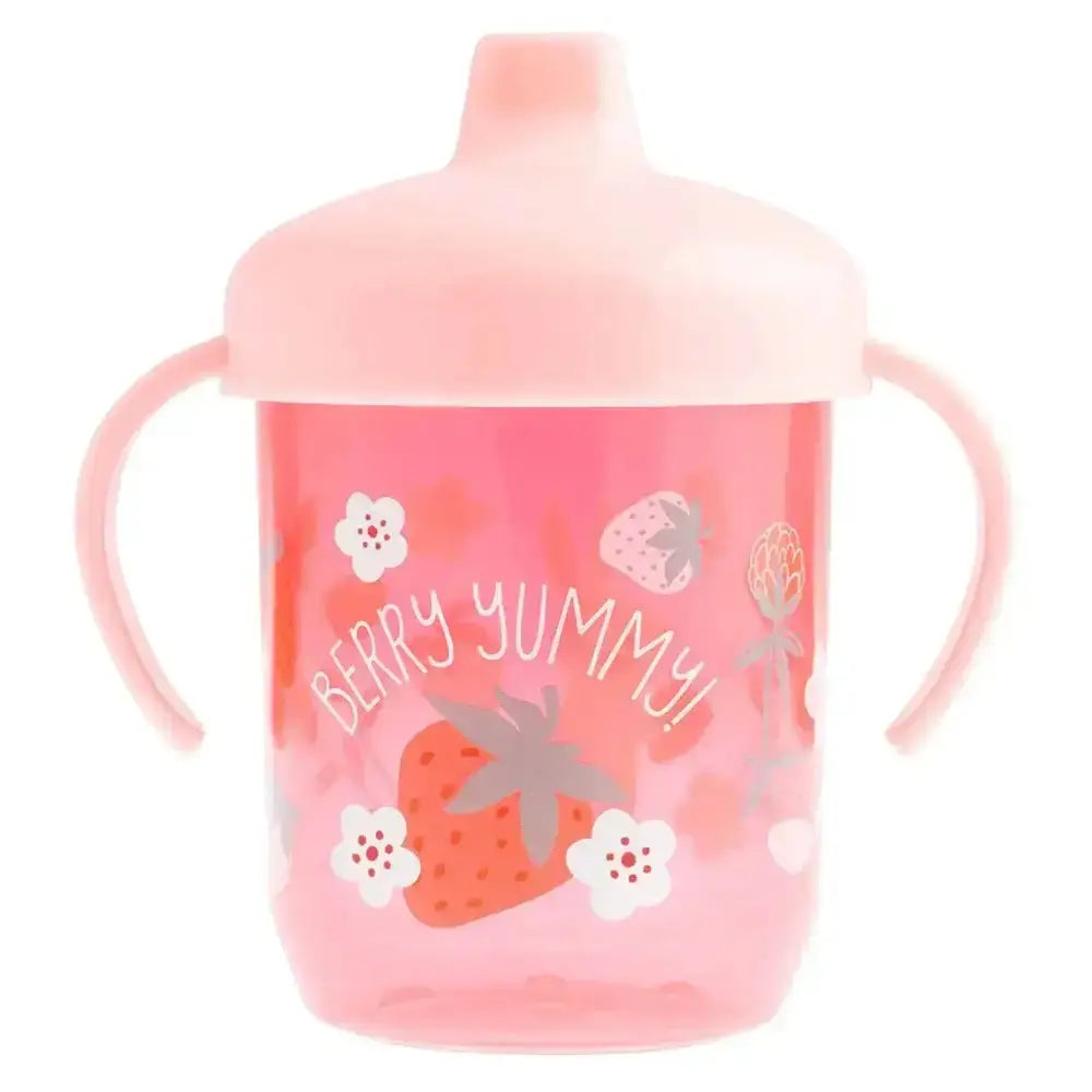 Pink sippy cup with strawberry design and 'Berry Yummy' text on a white background