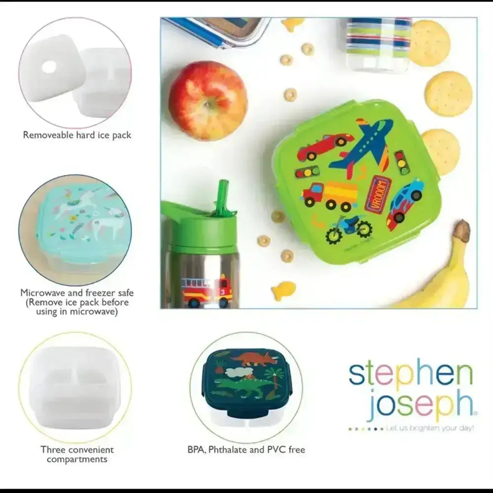 Children's lunchbox set with ice pack, tumbler, and compartments on a white background with food items.