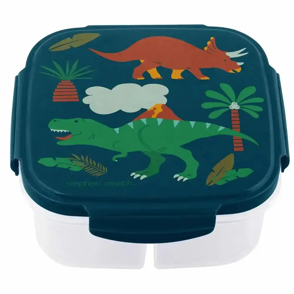 Children's snack container with dinosaur design on a blue lid