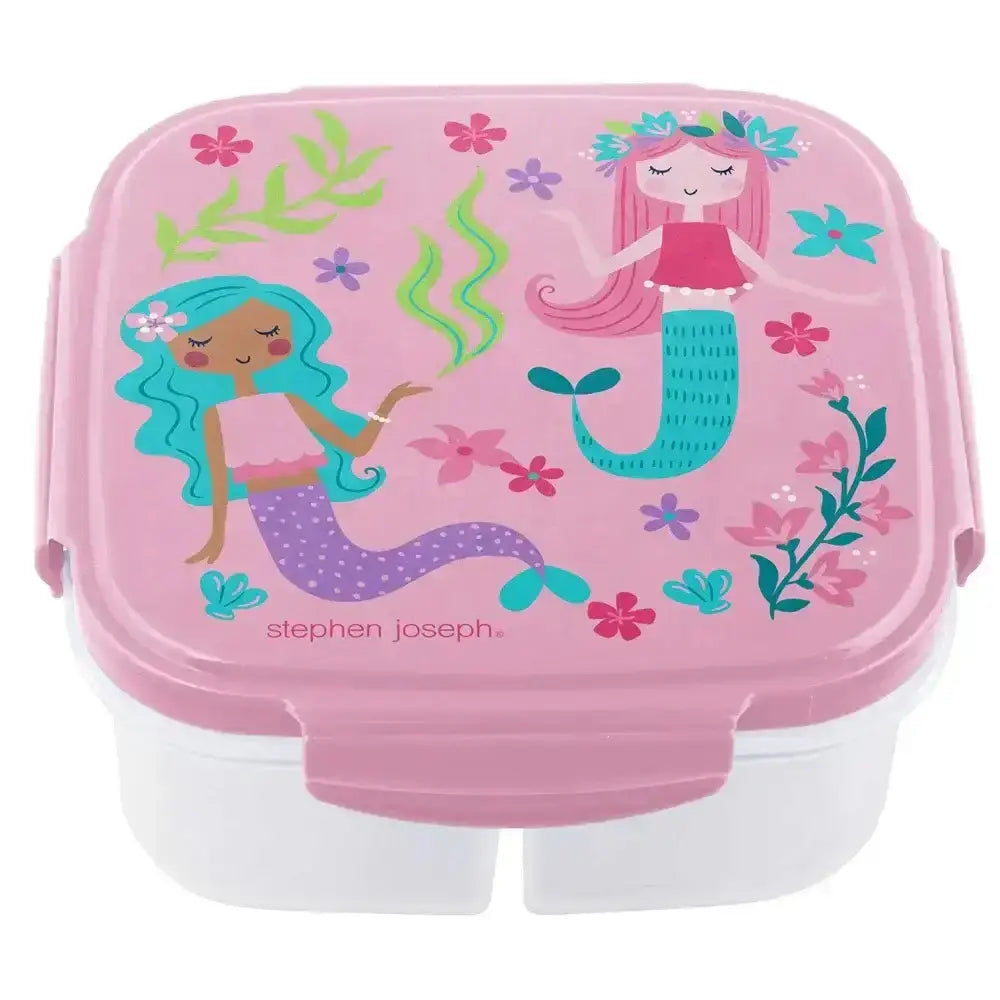 Pink children's snack container with mermaid design and 'Stephen Joseph' branding.