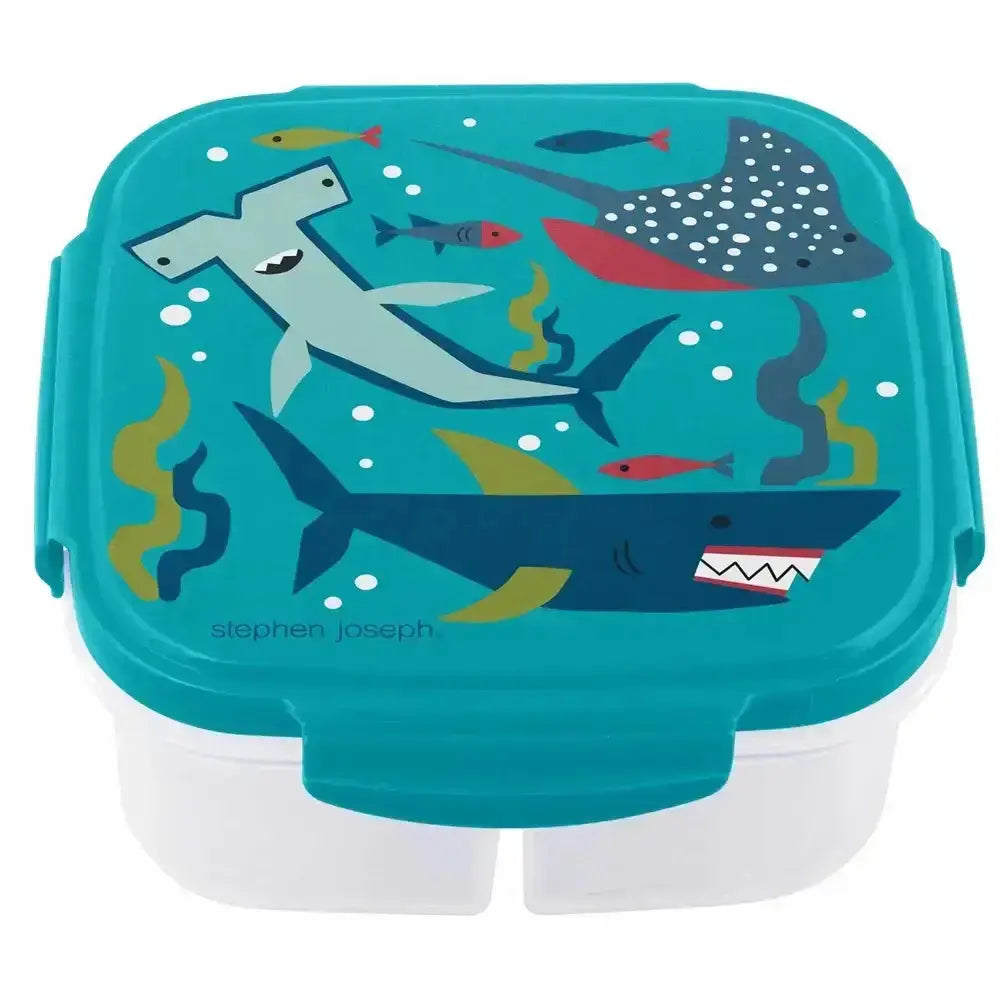 Children's food container with shark design on a white background