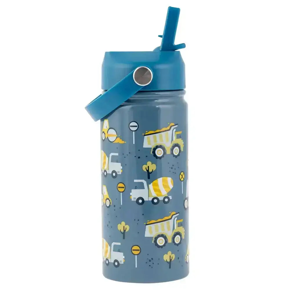Children's water bottle with construction vehicle design on a white background