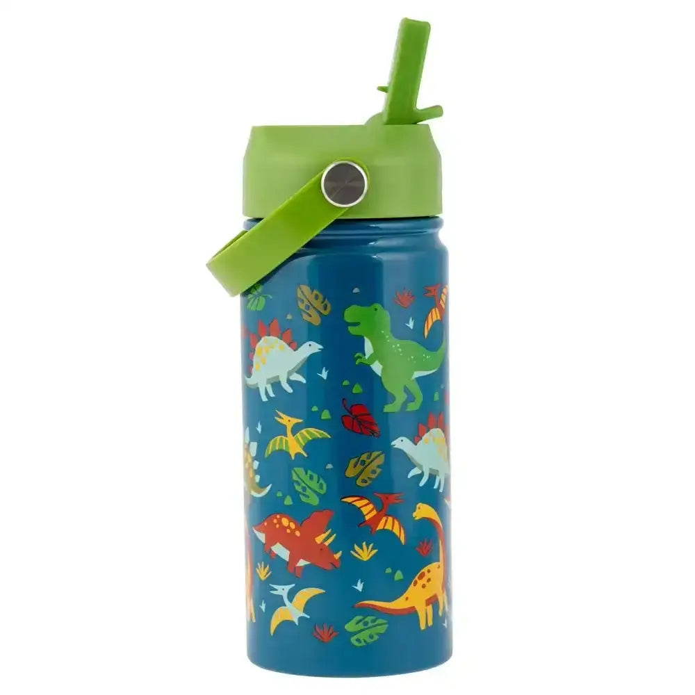 Children's water bottle with dinosaur design and green lid on a white background