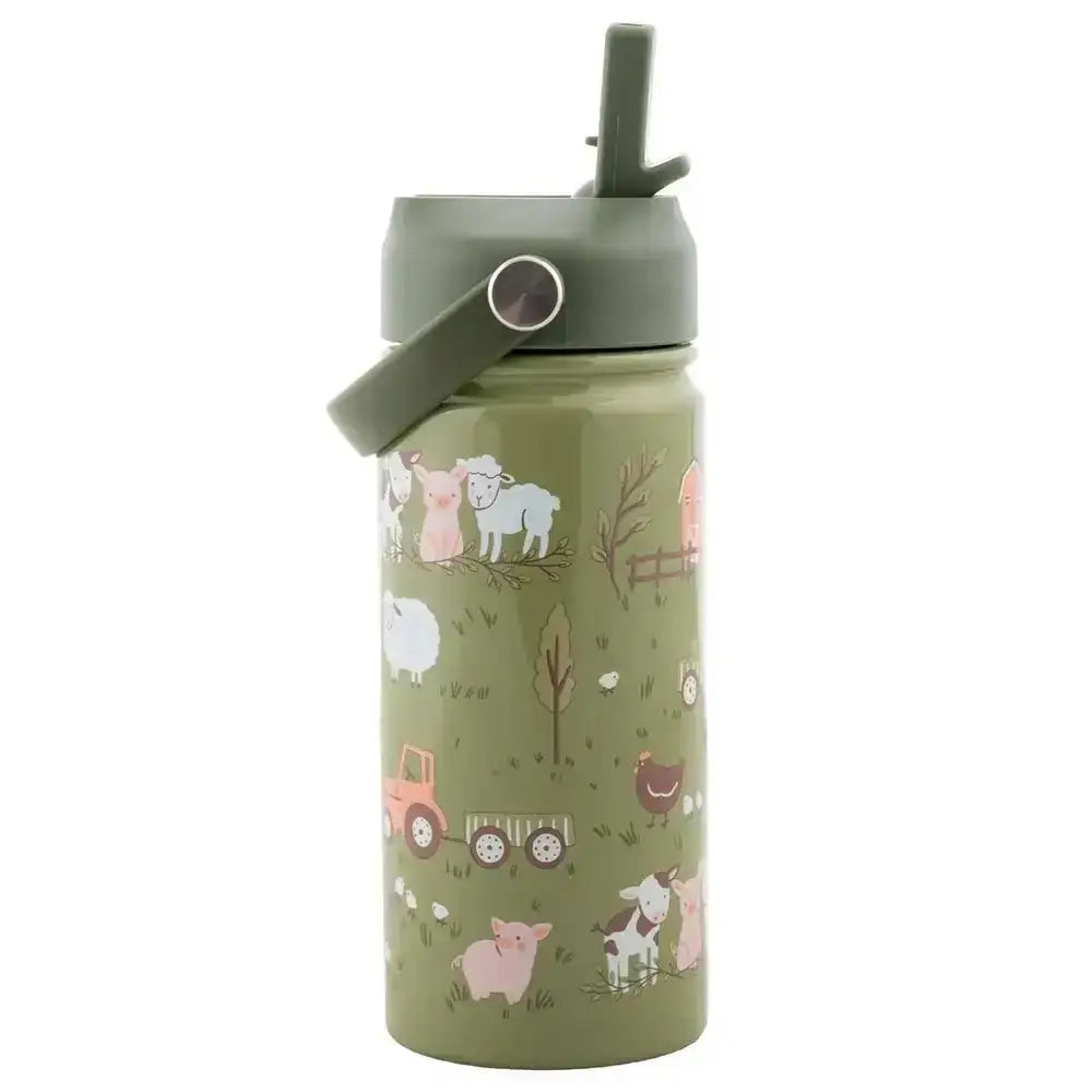 Green water bottle with farm animal design on a white background