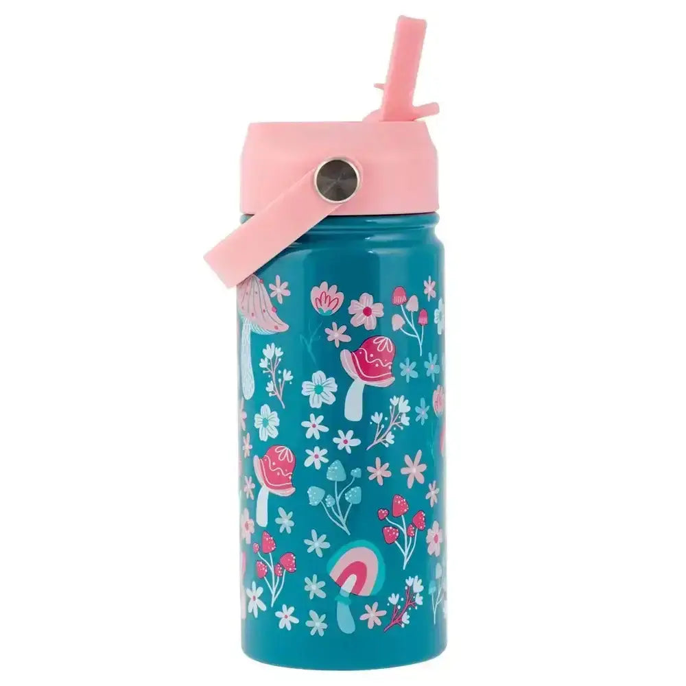 Children's water bottle with floral design and pink lid on a white background