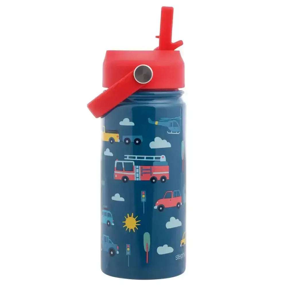 Children's water bottle with red lid and vehicle pattern on a white background