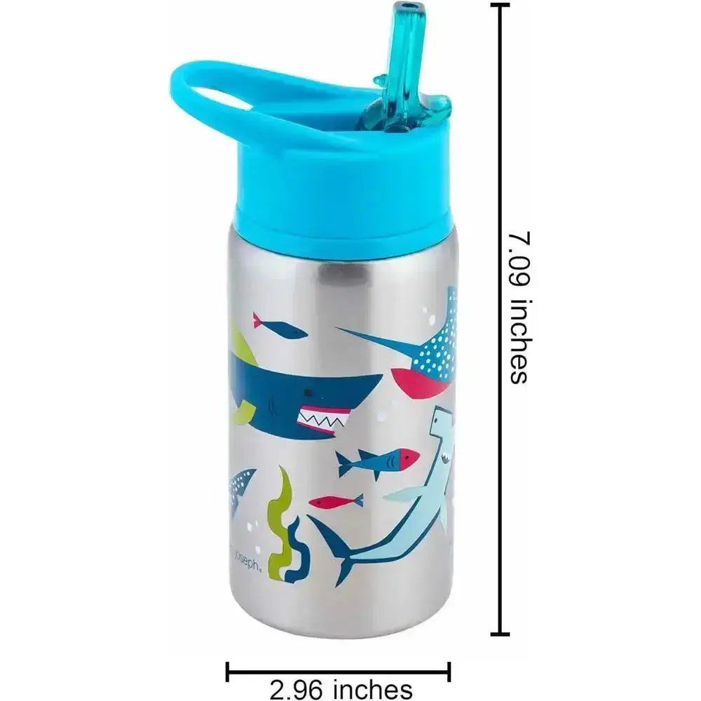 Stephen Joseph stainless steel children’s water bottle in vibrant blue and silver with shark and fish designs and a bright blue straw lid